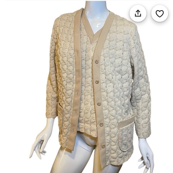 Retro Crochet Metallic Sweater Metallic Cardigan Sweater Set Crochet Cream - Picture 2 of 8
